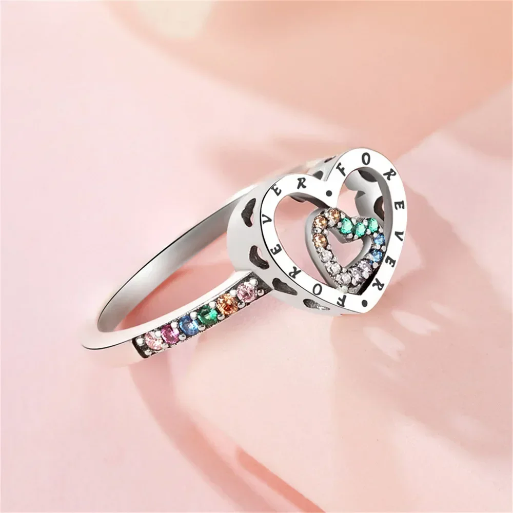 S925 Silver Heart Forever Love Colorful Rainbow Zircon Rings for Party Birthday Fine Jewelry Gifts for Women 925 Silver Ring