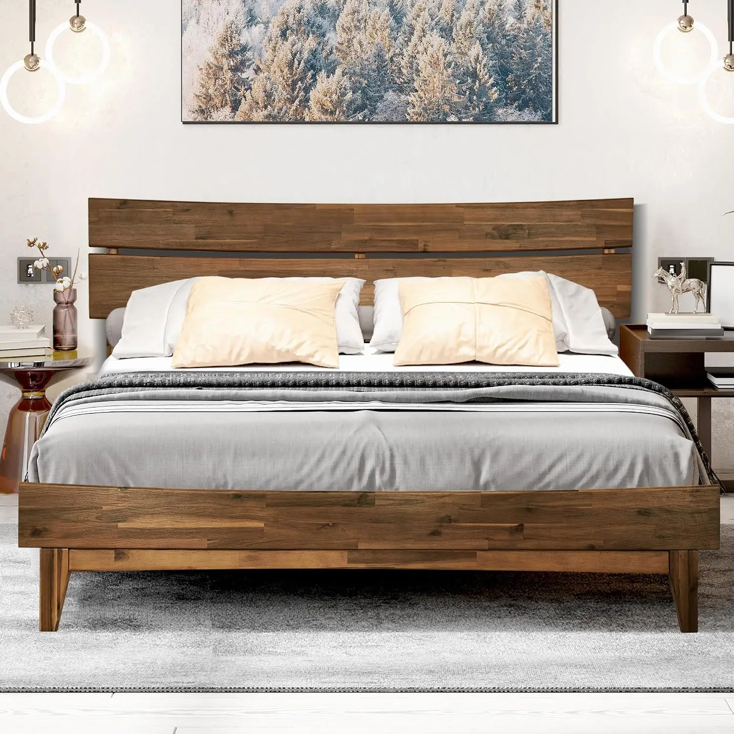 Solid Wood Platform Bed Queen Headboard Easy Assembly No Box Spring 800 Lbs All Mattress Slats Walnut, Customized image 2