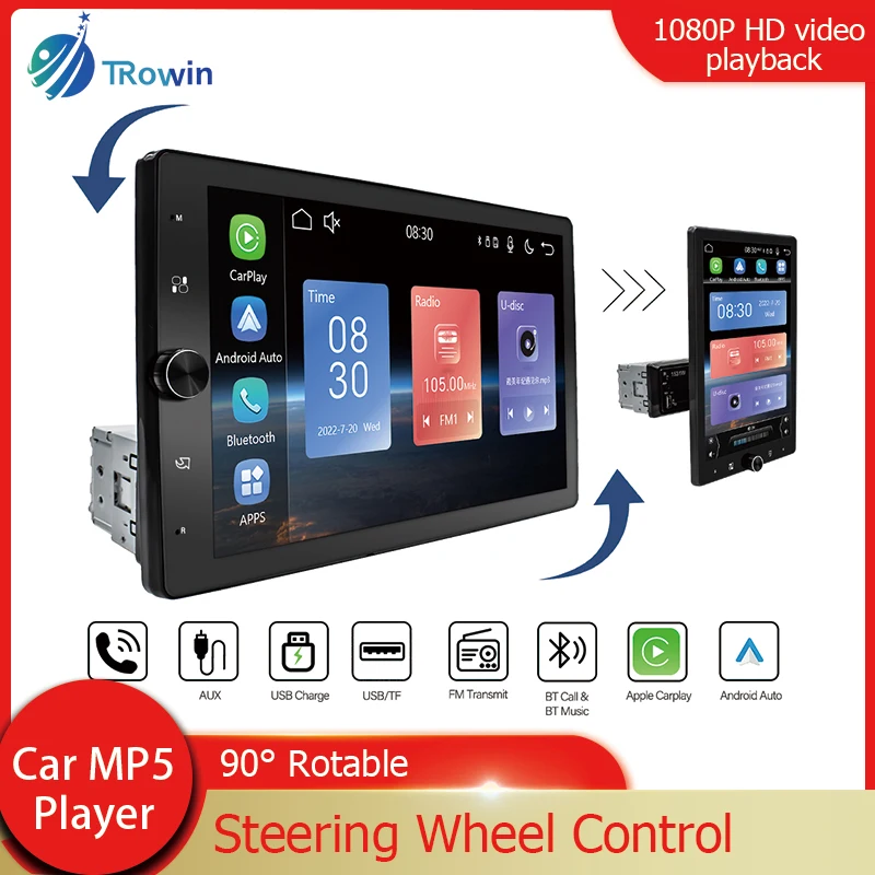 

1 Din MP5 Car Stereo Radio Carplay Android Auto 10.4'' HD 1080P Rotable Screen Bluetooth FM Receiver Multimedia Video Player