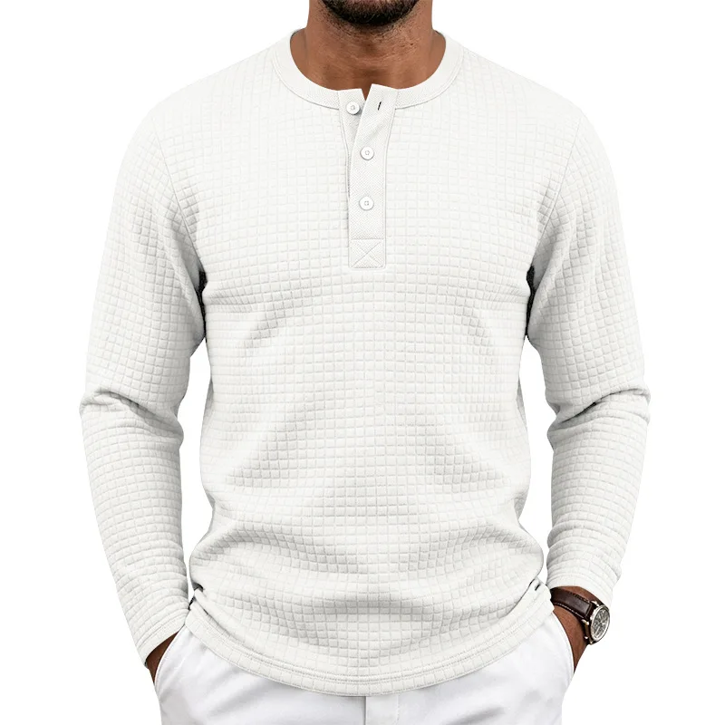 European, American Spring and Autumn Heavy Men's Retro Jacquard Checked Loose Casual Outdoor Long Sleeve Henry T-Shirt