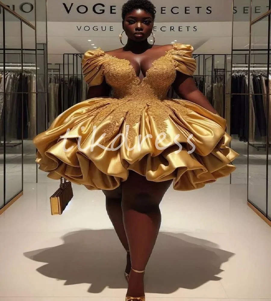 

Plus Size Nigeria Gold Prom Dress Off Shoulders Satin Mini Short Evening Dress African Dance Cocktail Birthday Party Customized