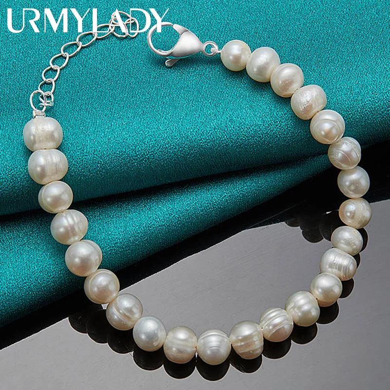 URMYLADY Fine 925 Sterling Silver 8mm bransoletka z pereł dla kobiet Wedding Party moda urok biżuterii