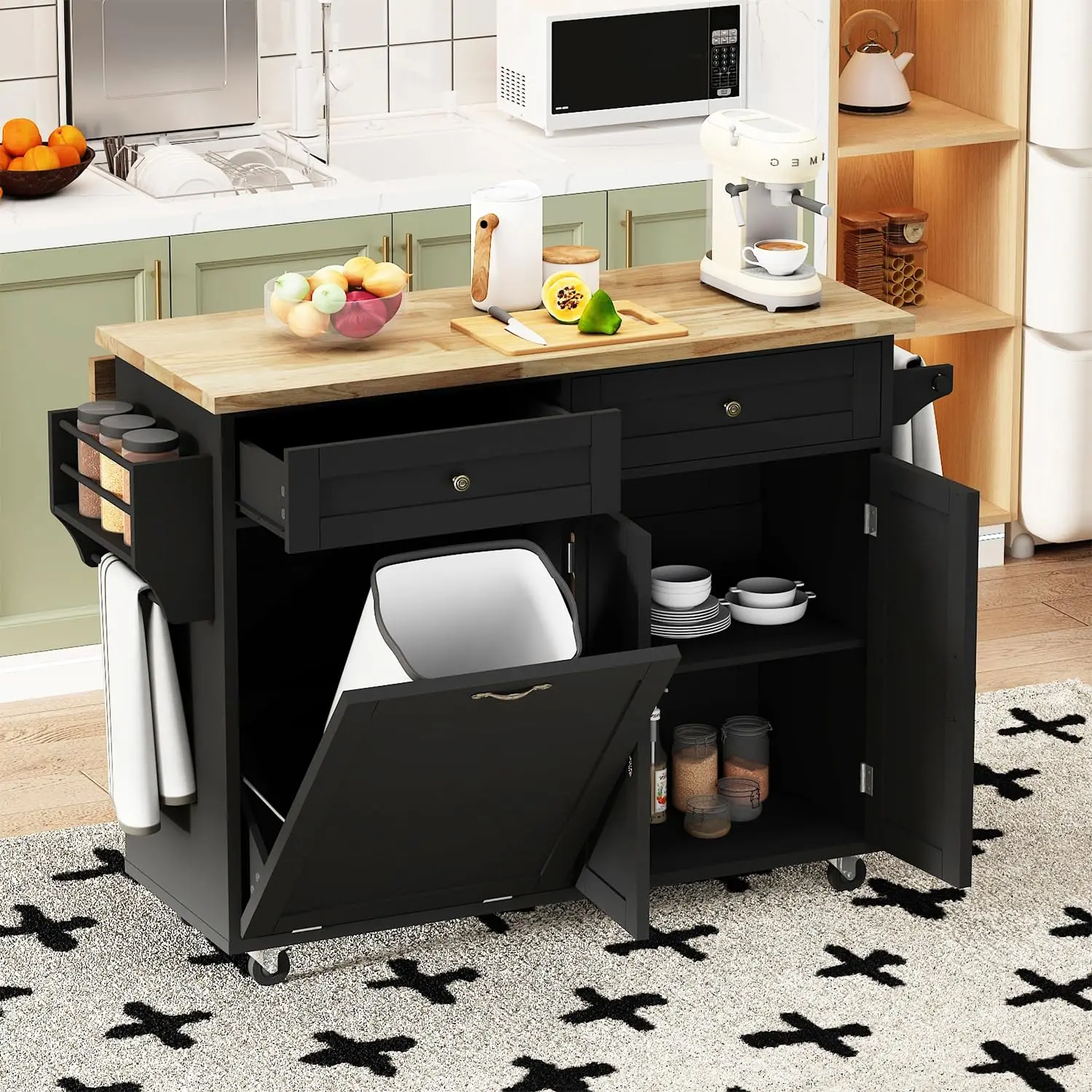 Kitchen Island with Drop Leaf - Kitchen Trash Cabinet Tilt Out 10 Gallon Storage, Storage Islands Movable Carts with Rub