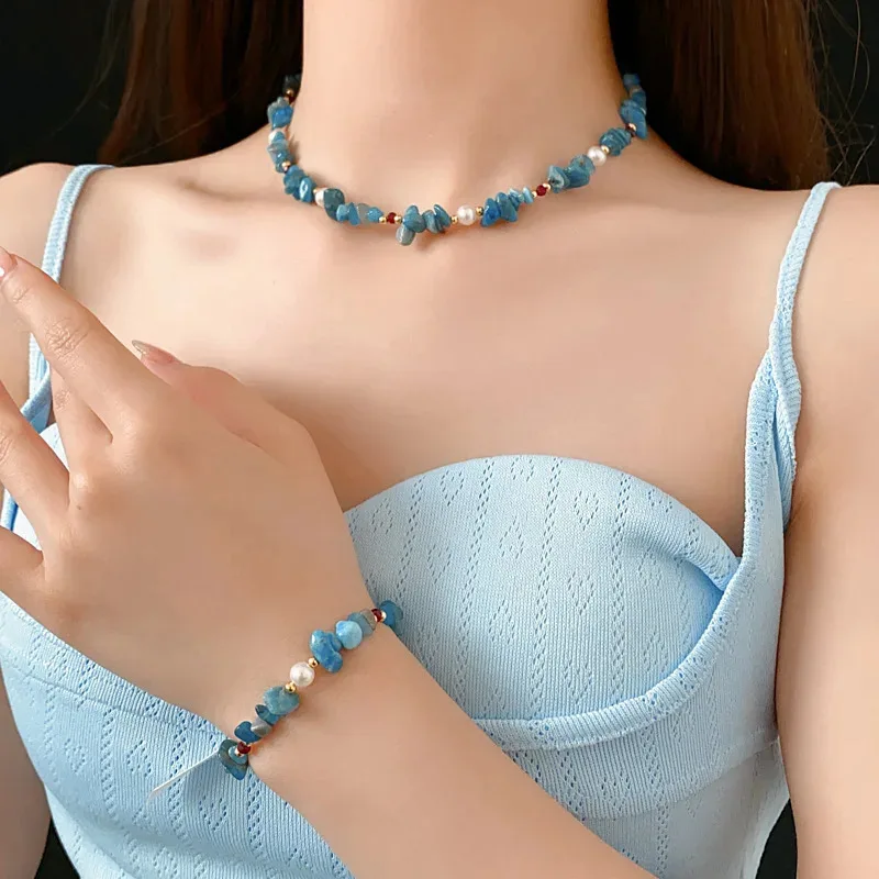 

Exquisite Fashion Aquamarine Crystal Pearl Necklace for Women Vacation Beautiful Luxury Bracelet Gift Party Jewelry Set