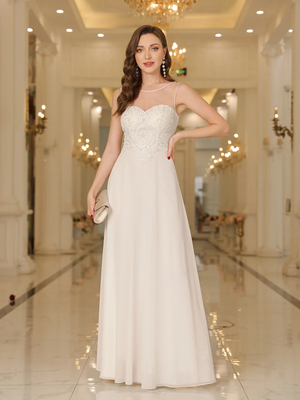 2024 Evening Dresses Ivory Chiffon Elegant Pearls Appliques Illusion Sleeveless Prom Gowns Party Sexy Formal Robe De Soiree