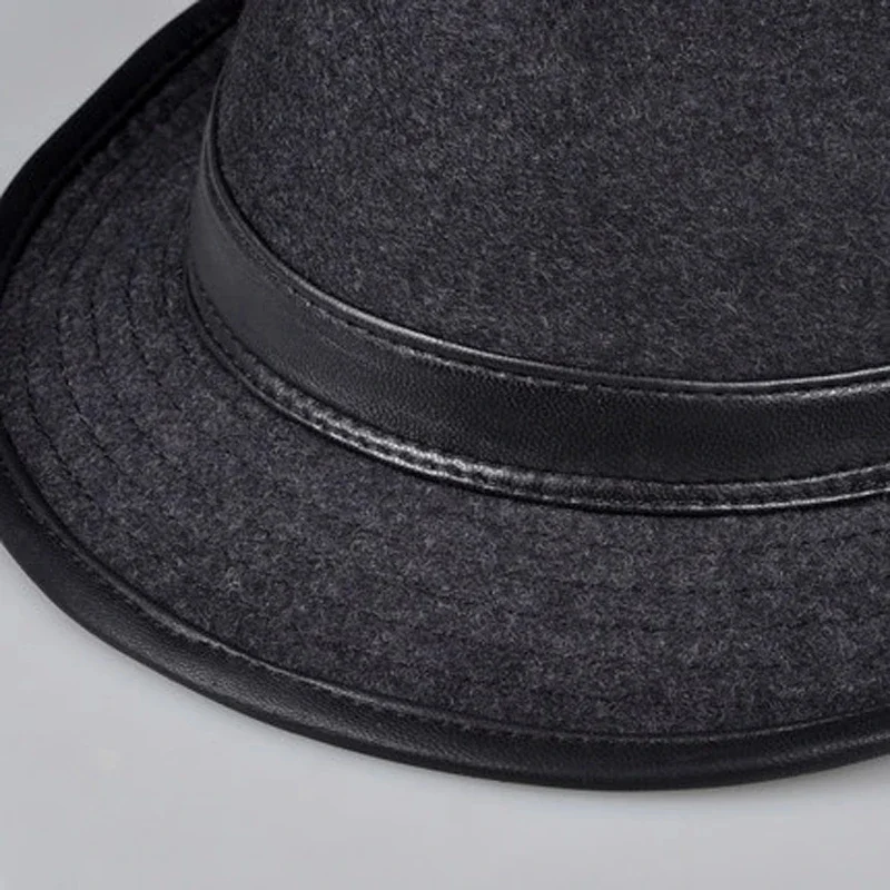 British Retro Genuine Leather Wool Gentleman Jazz Fedoras Hats For Men Women Woolen Stage Fitted Cowboy Caps Male Grey Gorras