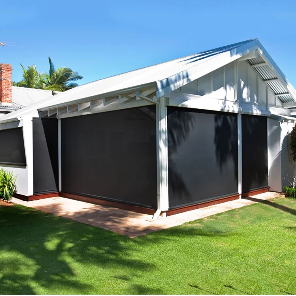 2026 Balcony Restaurant Windproof Screen Zipper Track Sunshade Outdoor Rolling Curtain Motorized Roller Zip Blinds Roller Shades