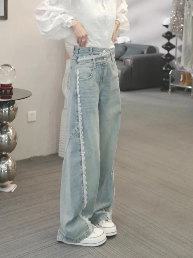 

Fashionable Lace Trim Splicing Jeans Women's High Waist Straight Leg Wide Leg Pants Spring New Style Casual High Waist Jeans
