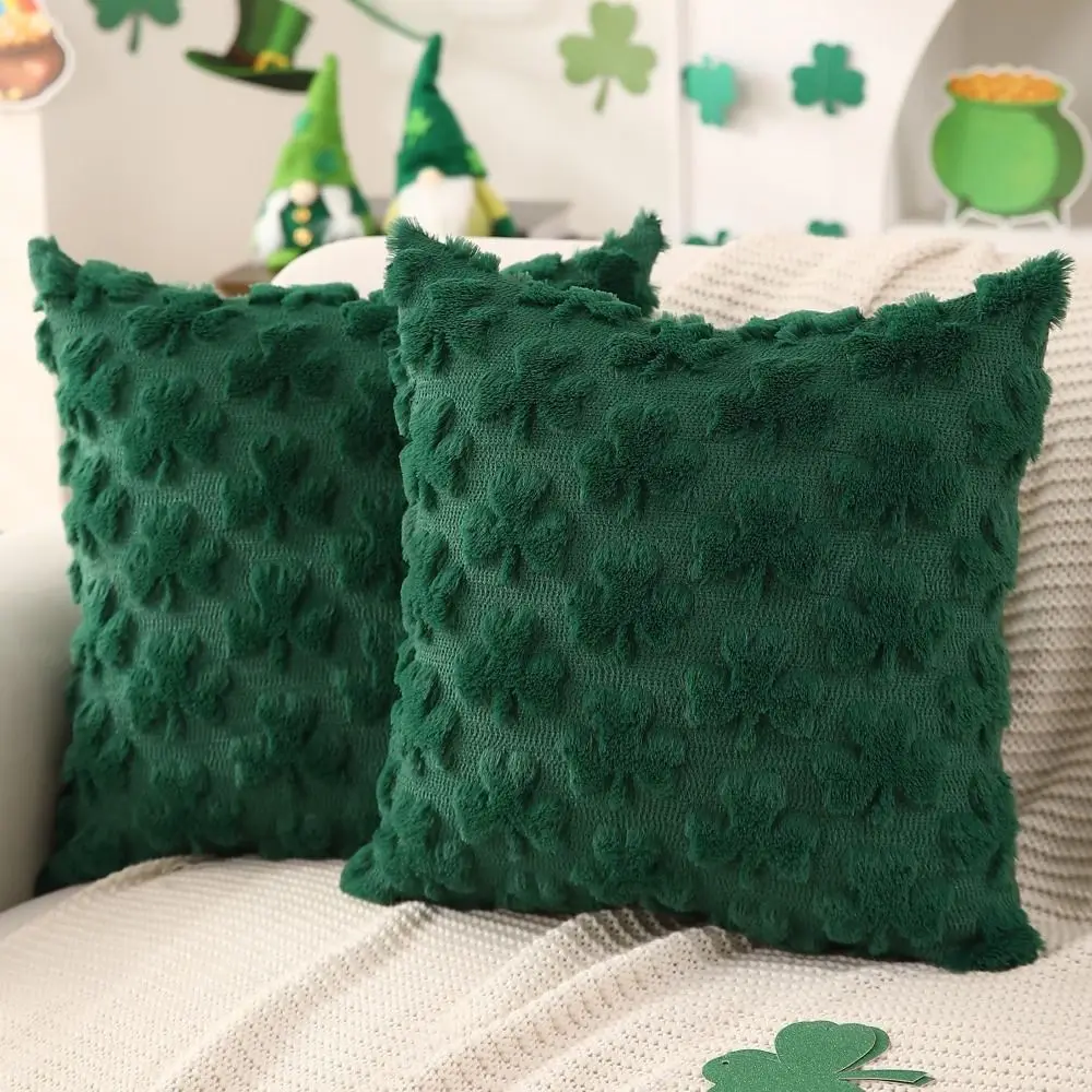 New Green Shamrock Pillow Cover Faux Fur Jacquard Home Decoration Throw Pillowcase Soft Sofa Cushion Covers for St Patricks Day