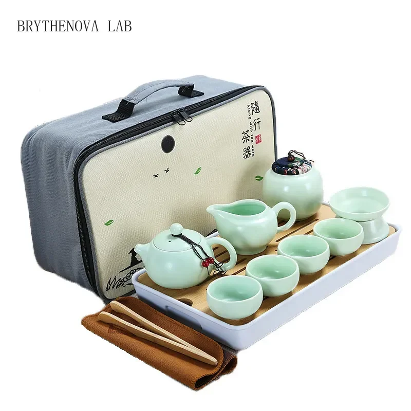 Ceramic Teapot One Pot Four Cup Outdoor Travel Kung Fu Bag Tote Set Teaset Chinese Tea