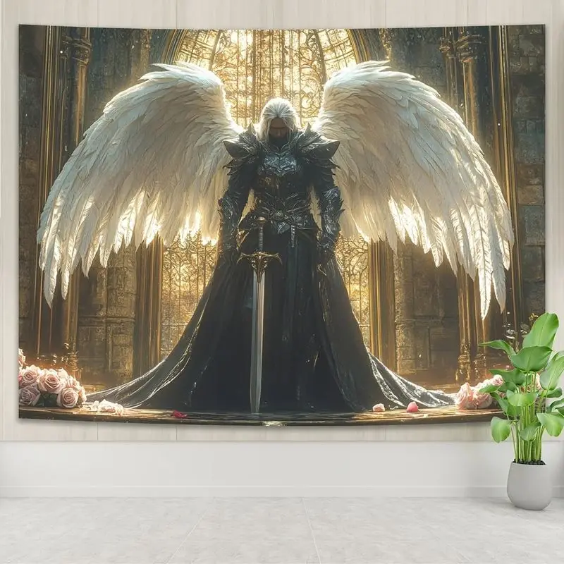 VIKAMA European American Angel Knight Tapestry, Gothic Fantasy Wall Hanging, Aesthetic Living Room Bedroom Office Decor