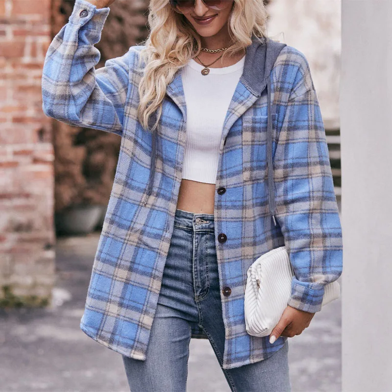 2023 New Autumn and Winter Trend Casual Simple Hooded Button Plaid Fashion Jacket Temperament Loose Commuting Women\'s Shirt