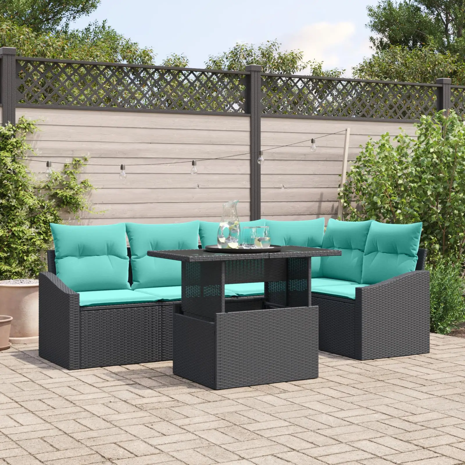 

Garden Sofa Set 6 Pieces with Cushions Black Poly Rattan Outdoor Furniture Comfortable Seating for Patio and Backyard
