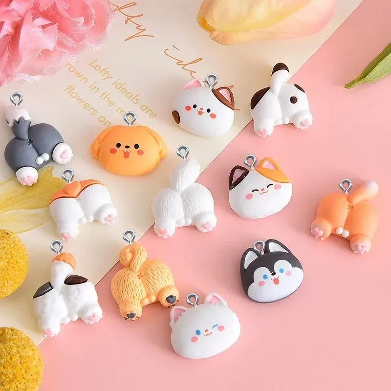 10Pcs Mini Cartoon Cat Dog Resin Charms Adorable Animal Pendants Handcraft Findings for DIY Earrings Bracelets Keychains Jewelry