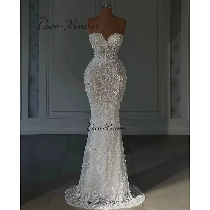 

Customized Heavy Beading Mid East Dubai Luxury Mermaid Wedding Dress 2025 New Lace Embroidery With Pearls Wedding Dresses W1489