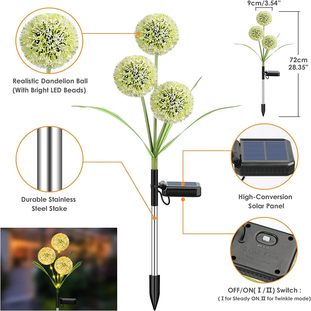 3Head Solar Dandelion Light Garden Lawn Lamps Waterproof Fairy Flower Stakes Light Solar Led Light Outdoor Landscape Decoration