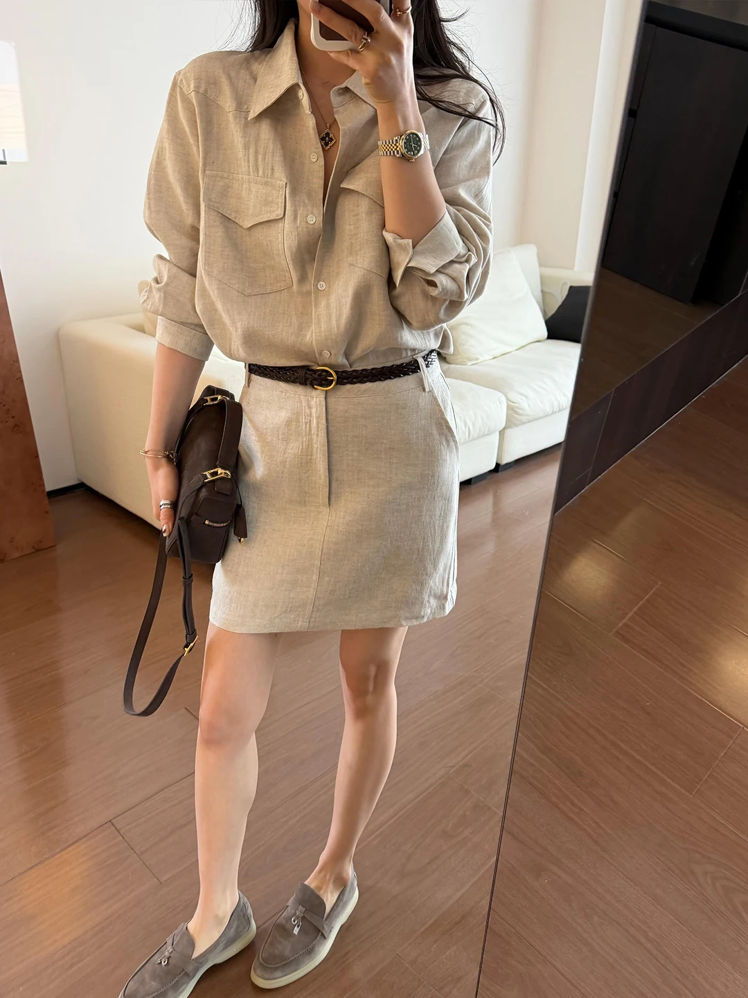 Minimalist High Intelligence Flax Shirt Set Women's Summer Fashion Elegance Old Money Style Top Half Skirt Two Piece Set