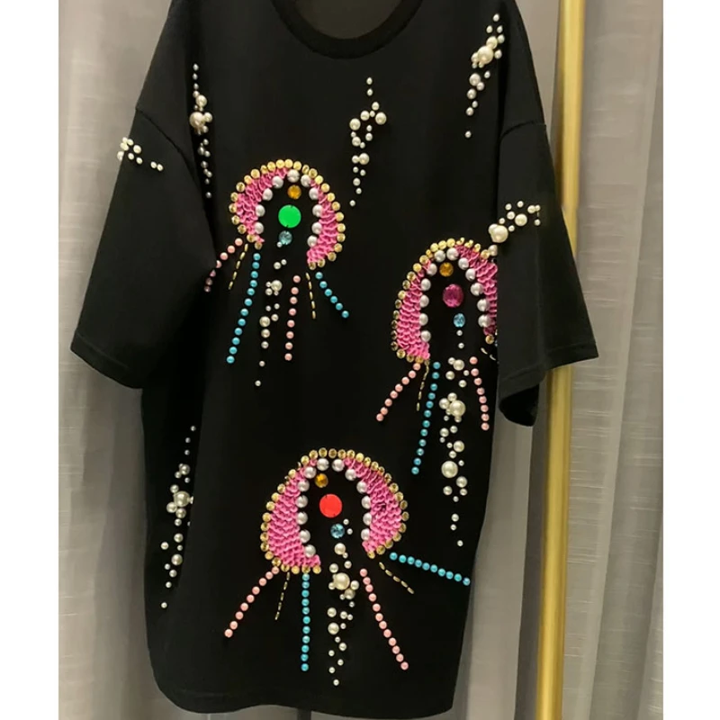 Summer Women Pearls Beaded Black Jellyfish Embroidery T-shirts Sequined Embroidered Tees Jumpers Loose  Short Sleeved Crop Tops