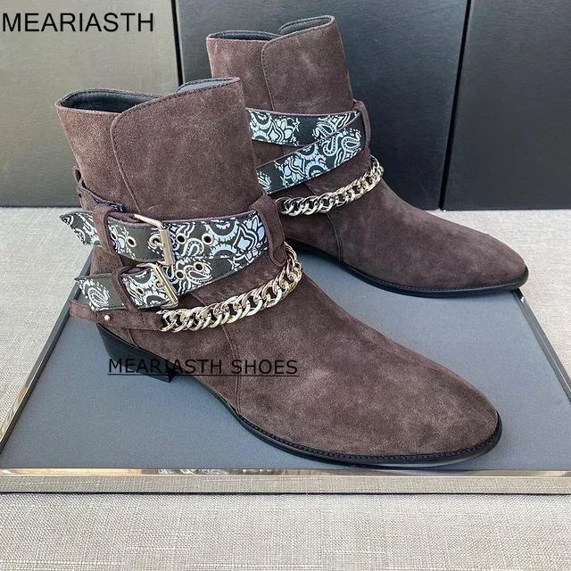 meariasth Stivali Chelsea fatti a mano da uomo Scarpe casual con punta a punta Stivali da moto Stivali da cowboy corti da sposa in pelle scamosciata maschile