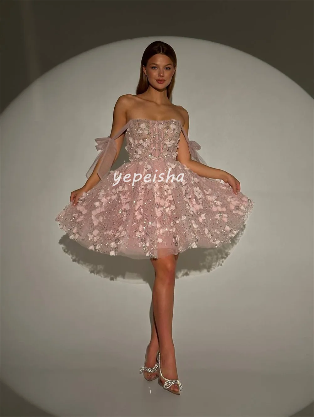 Mini robe classique personnalisée à paillettes, perles croisées plissées, strass, ligne a, épaules dénudées, robes d'occasion sur mesure