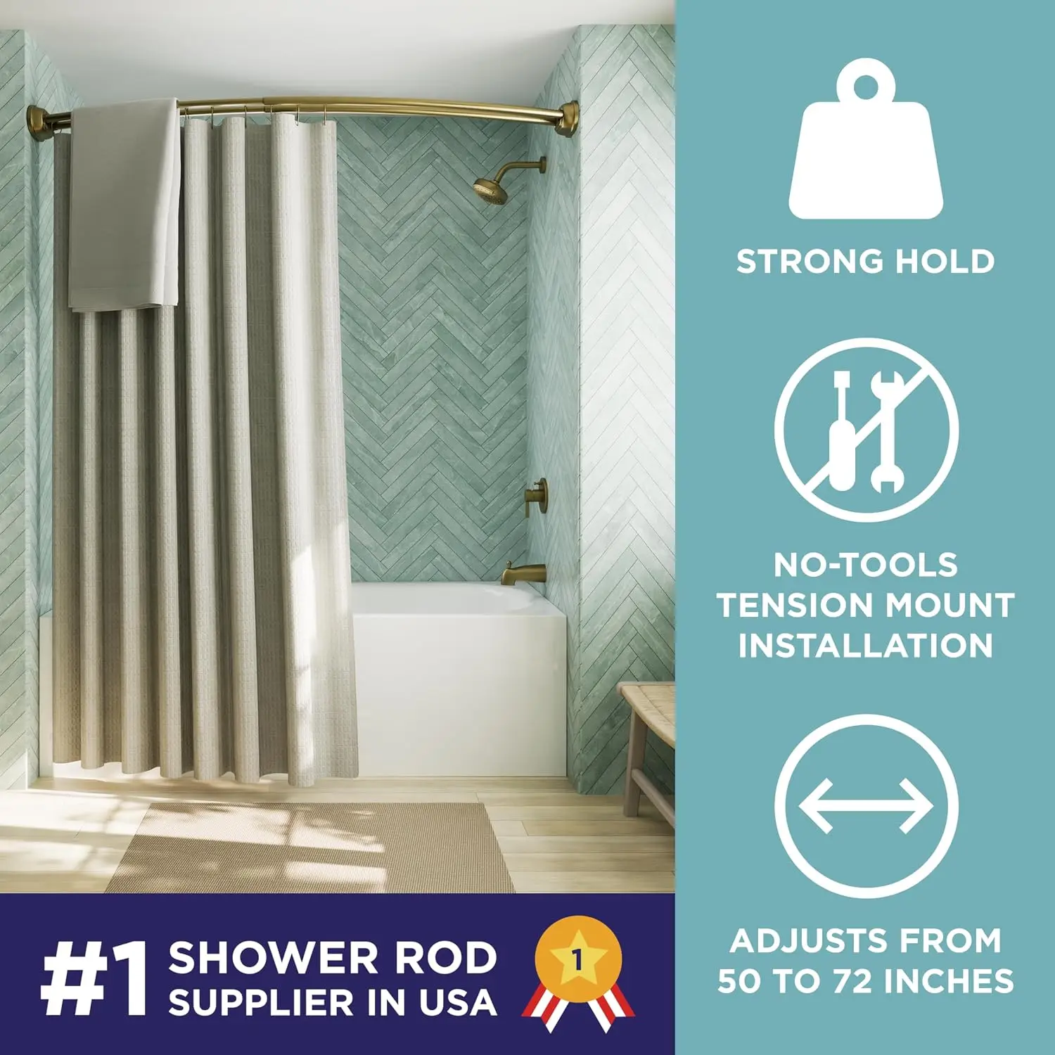 Double Curved Shower Curtain Rod, No Drill, 50-72 Inch Adjustable Tension Curved Shower Rod for Bathroom, Rustproof Double