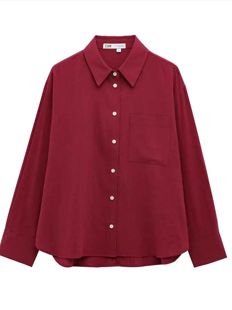 

European style new women's fashion versatile temperament simple solid color linen long-sleeved lapel shirt