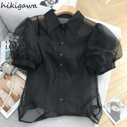 Black Blouse Women Clothing Puff Sleeve Turndown Collar Crop Tops 2024 Blusas Mujer De Moda Gauze See Through Sexy Shirts 7o132