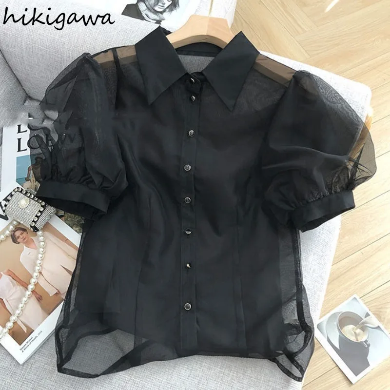 Black Blouse Women Clothing Puff Sleeve Turndown Collar Crop Tops 2025 Blusas Mujer De Moda Gauze See Through Sexy Shirts 7o132