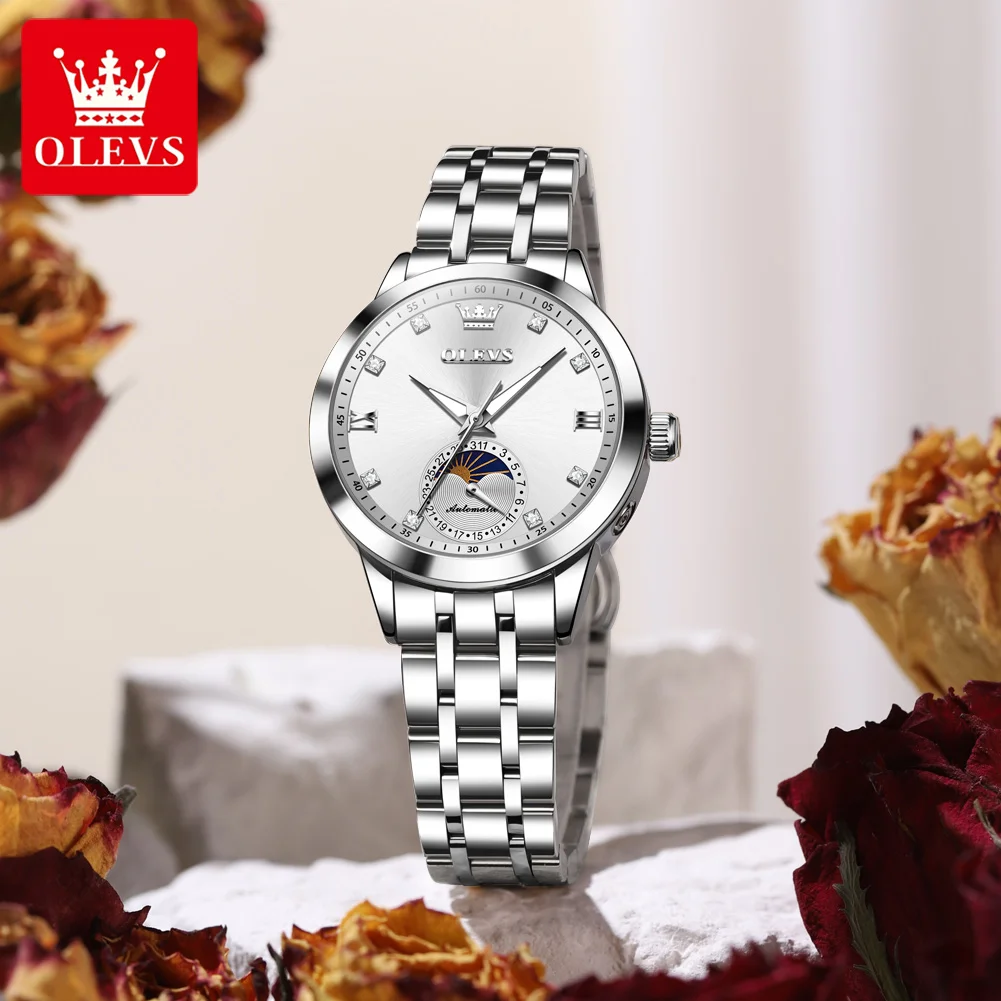 OLEVS 7041 Top Original Watch For Women Waterproof Luminous Moon Phase Automatic Mechanical Ladies Wristwatch High Quality
