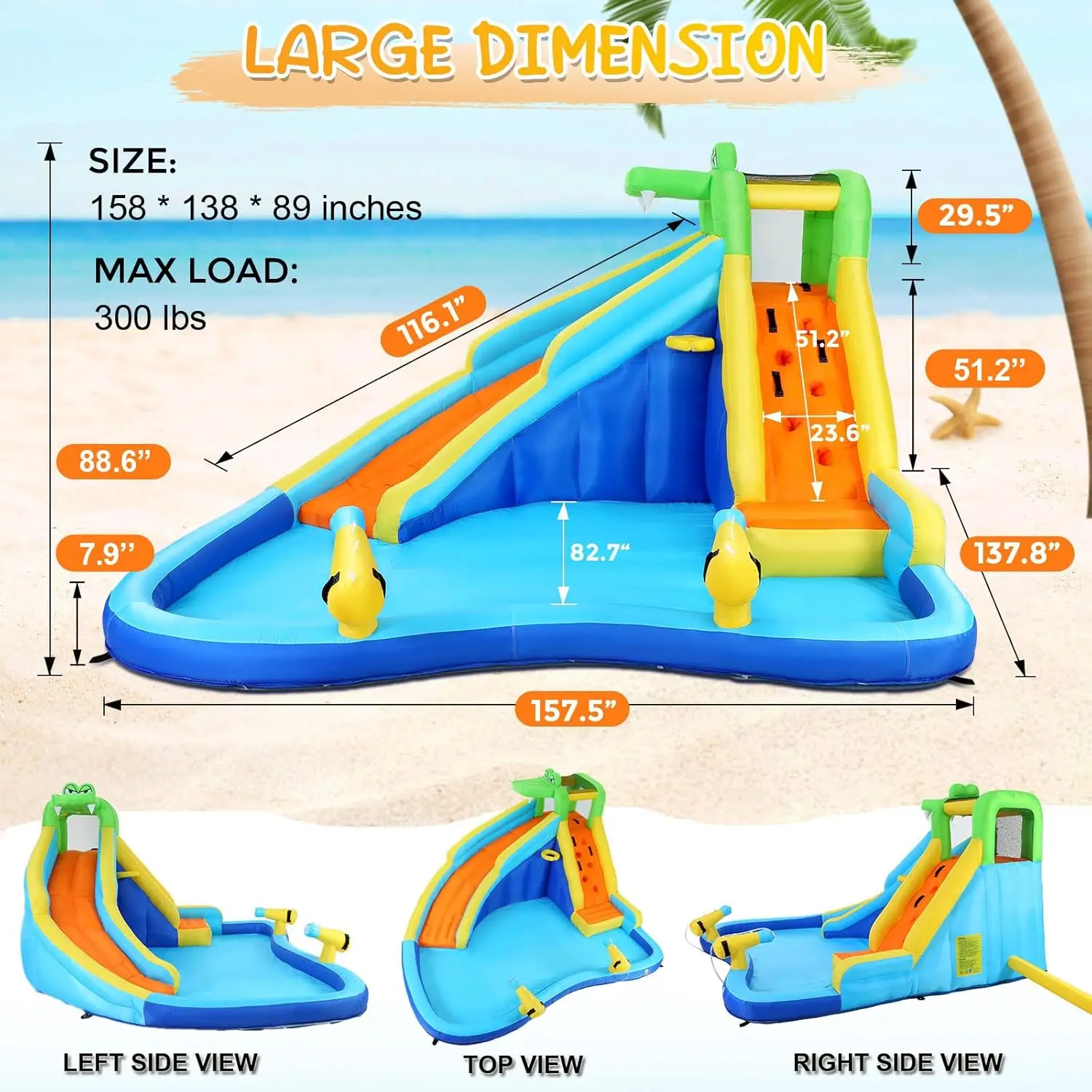 Opblaasbare Waterglijbanen Voor Kinderen Met 450W Blower, 6 In 1 Opblazen Waterpark, 158X138X89 Waterglijbaan W/Klimmuur, Splash P