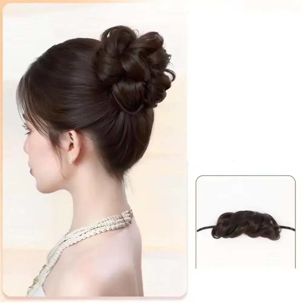 Parrucca sintetica con panino arrotolato, bastoncino per capelli da donna, capelli a spirale, boccioli di fiori, testa di fiori per aumentare il volume