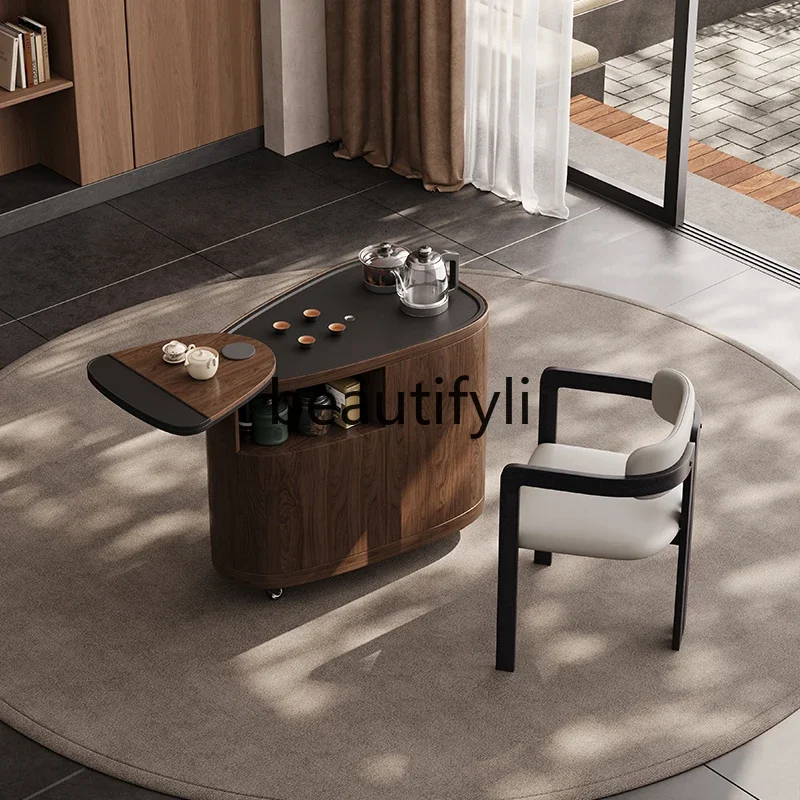 

LJYMobile tea table simple household living room solid wood coffee table tea set balcony