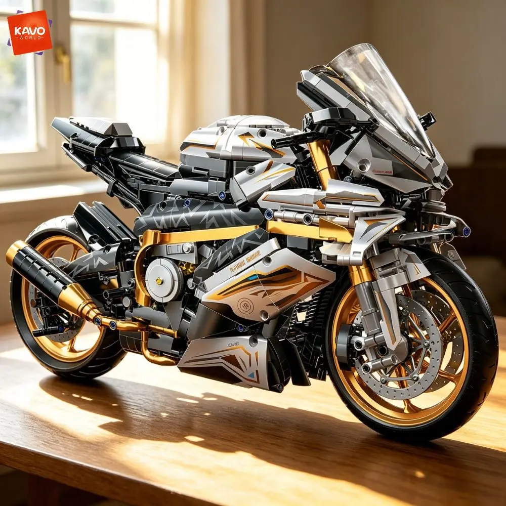 

KAVOWORLD 1:5 Scale Motorcycle Technic Building Blocks Set 2078PCS Silver Gold Racing Bike Model Stress Relief DIY Toy for Adult