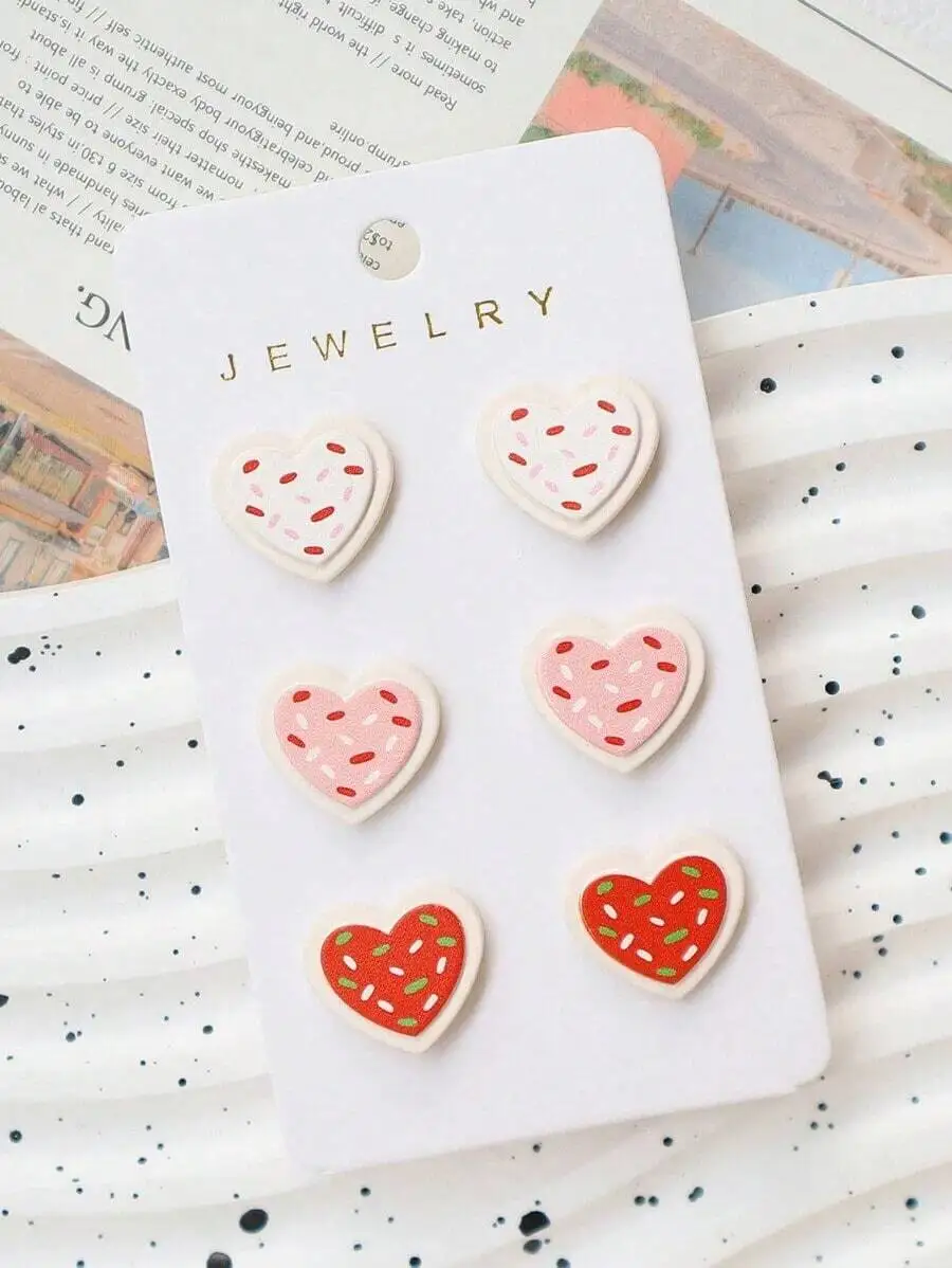 

3 Pairs Heart Cookie-Style Faux Clay Stud Earrings Set For Valentine’s Day Party Sweet Romantic Jewelry