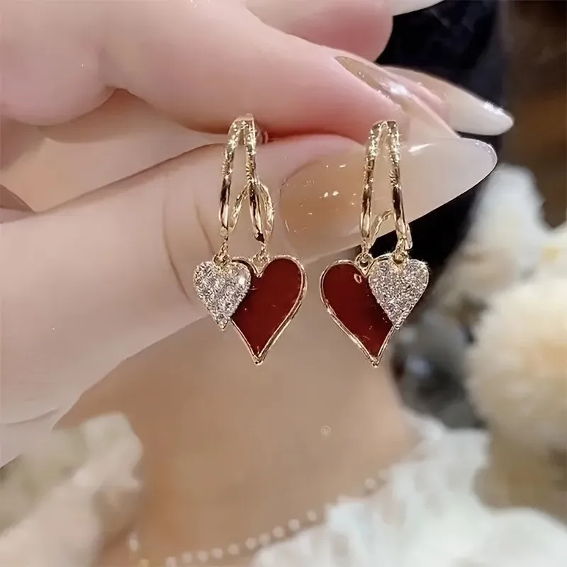 925 Silver Needle Korean Fashion Crystal Red Heart Earrings For Women Jewelry 2026 Trending New Luxury Women's Drop Earrings