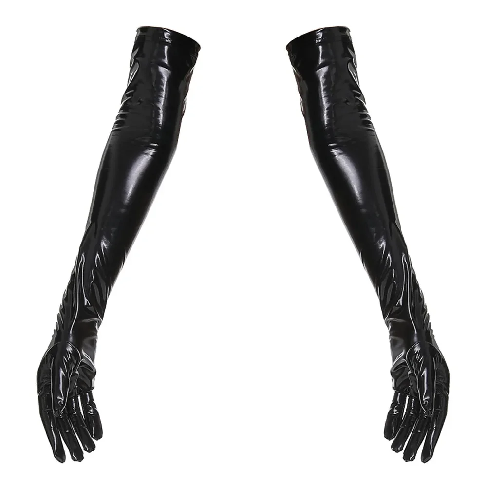 Women PU Leather Wetlook Shiny High Stockings Mittens Long Leather Gloves Disco Party Dance Clubwear Cosplay Costumes Red Black