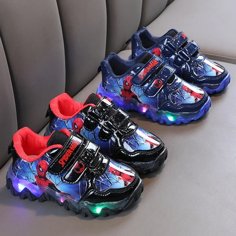 Disney Children\'s Sneakers Boys Spiderman Led Light Sport Shoes Student Shoes Hook Anti-slip Kids Outdoor Shoes Basket Shoes