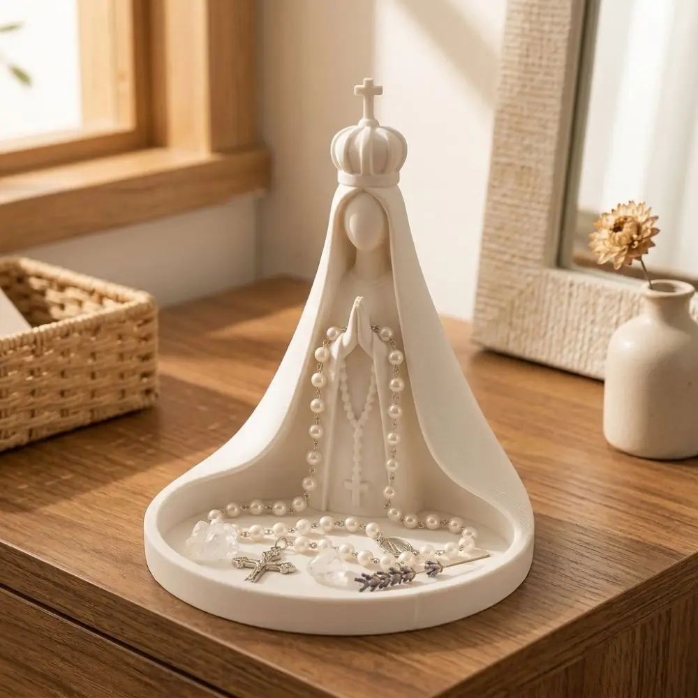 3D Printing Crown Shape Jewelry Tray Catholic Faceless Mary Cross Stitch Bead Dish Minimalist Art Sculpture