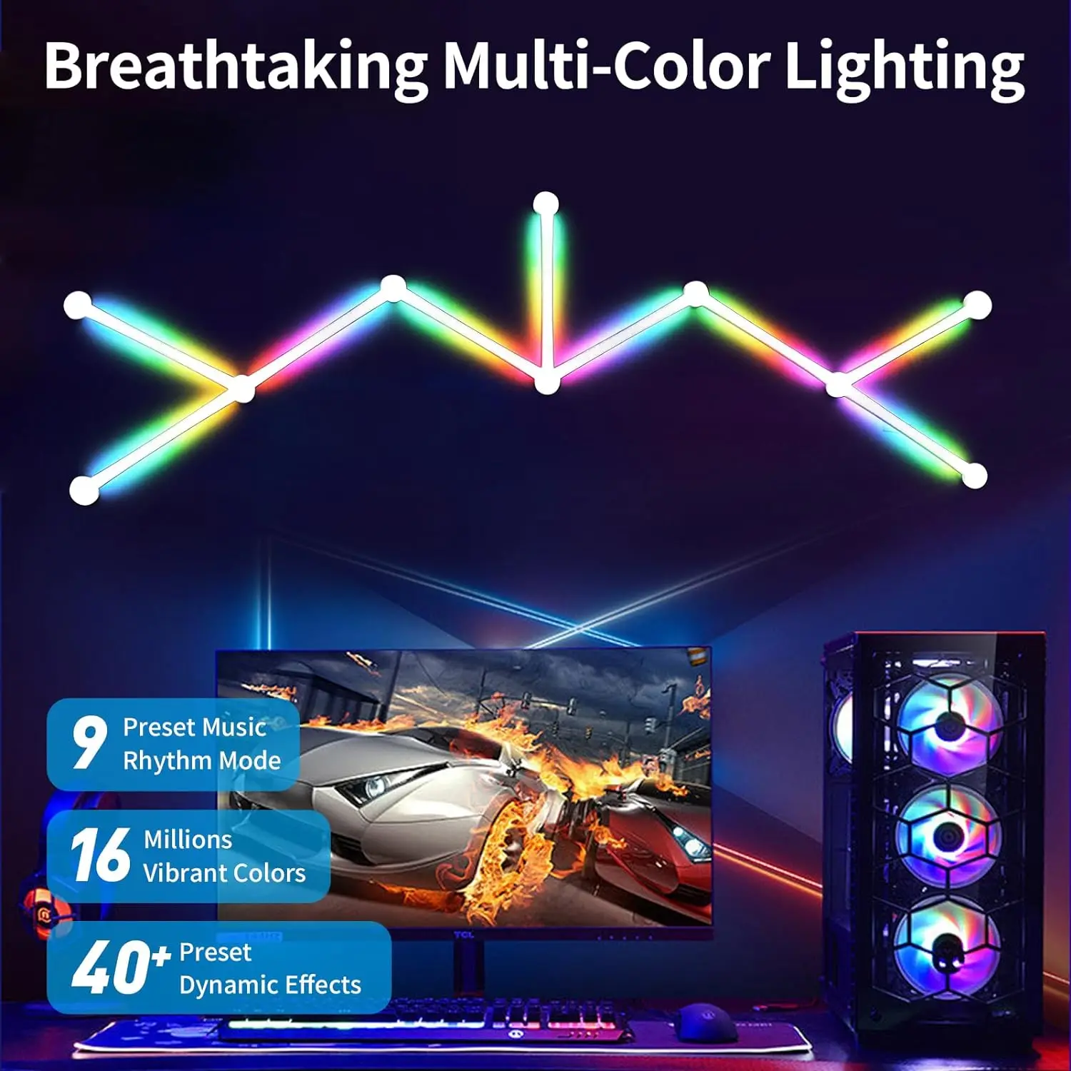 Mexllex 9PCS RGB Smart LED Wall Light Bars with Music Sync, 5V USB APP Control, 9 music Modes, 16 Million Colors for Game Home