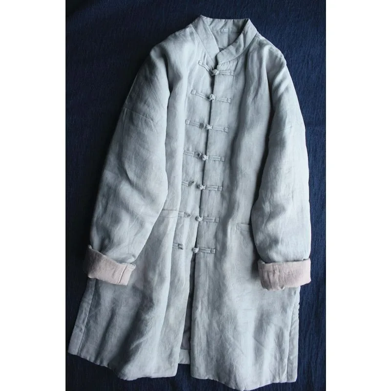 النمط الصيني القطن الكتان سترة المرأة 2025 جديد الخريف موضة رقيقة منتصف طول معطف مع مشبك ملابس الشتاء غير رسمية