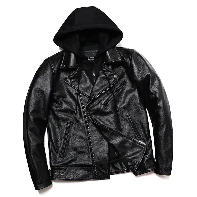 New Motorcycle Detachable Hat Cowhide Real Leather Jacket Men Slim Biker Jackets Oblique Zipper Clothing S-5XL