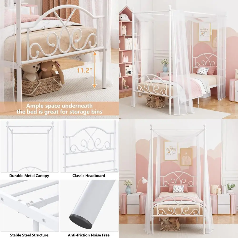 

Металлический каркас кровати с балдахином с четырьмя стойками, ящиком для хранения под кроватью, изголовьем, изножьем и шторами, фундаментом для матраса, без коробчатой пружины N