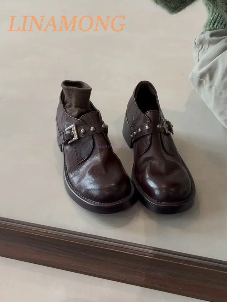 

Wrinkled Rivet Lefu Shoes British Style Coarse Heel Soft Leather Shoes Fashion Coffee Color Simple Belt Buckle Single Shoes