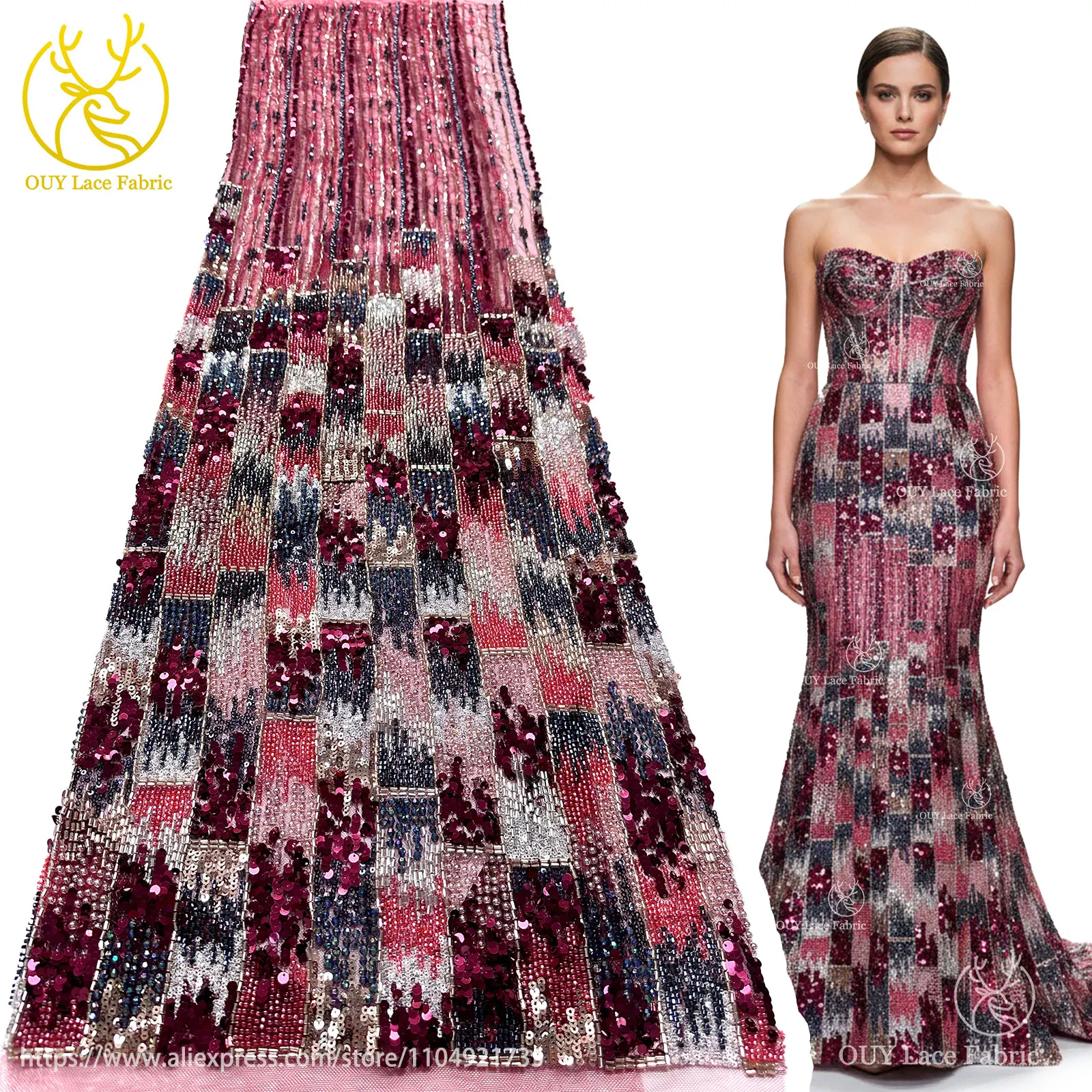 

Luxury Dinner Party Women's Dress 2025 African Handmade Beaded Lace Fabric French Nigerian Sequins Embroidery Lace Fabrics