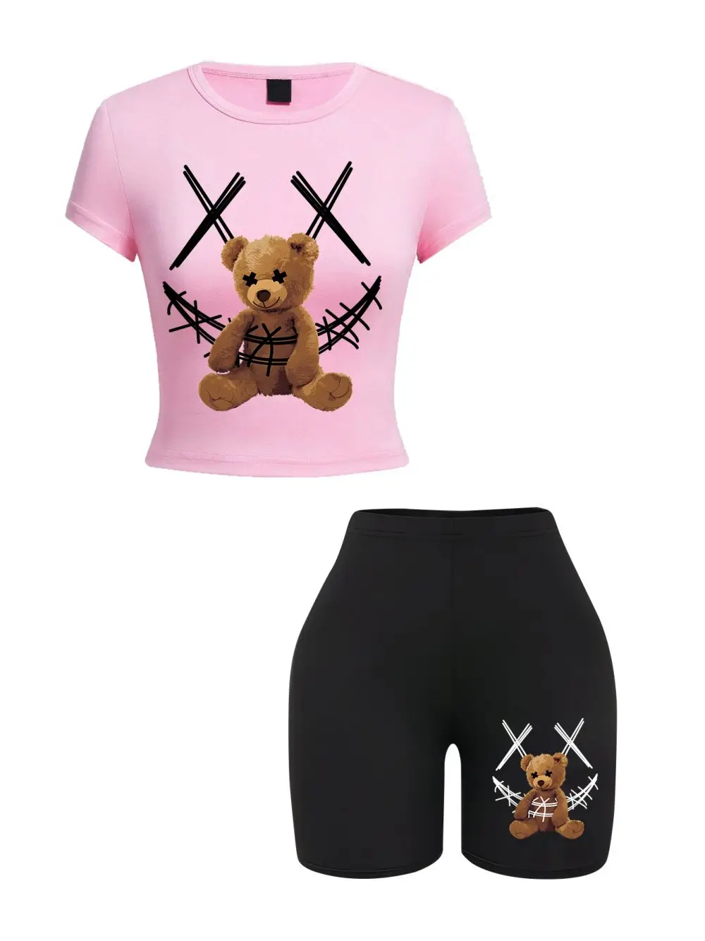 Casual Womans Crop Tops & Shorts Two Pieces Set Cartoon Bear Bound Funny Printing Tees Soft Slim O-Neck High Elastic Clothes