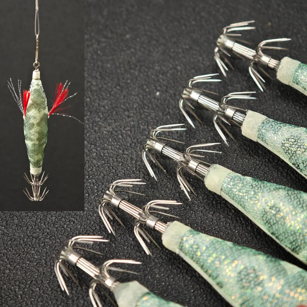 10 Stück/Set 8cm Leuchtende Garnelen-Angelköder Tintenfisch-Jig-Haken Garnelen-Köder für Salzwasser-Angeln Horizontaler Tintenfisch-Jig Egi-Set – Detail 2