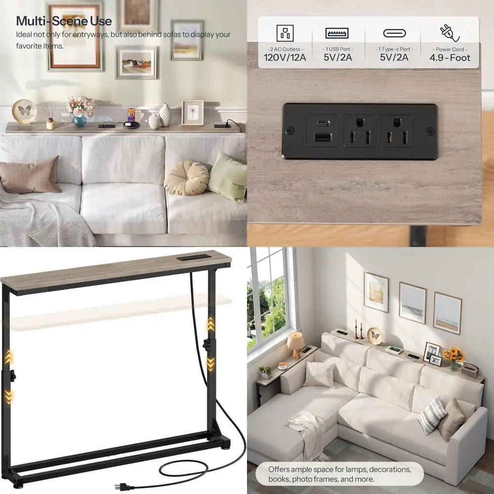

Adjustable Height Narrow Sofa Table with Charging Station, 39.4W x 5.9D, for Living Spaces and Entryways, Greige