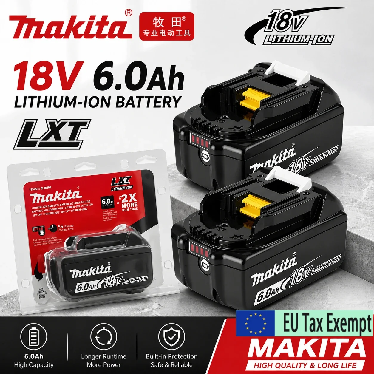 Batteria di ricambio 6.0Ah 18V compatibile con Makita 18V LXT BL1860B BL1850B BL1840B BL1830B BL1820 BL1815 con indicatore LED