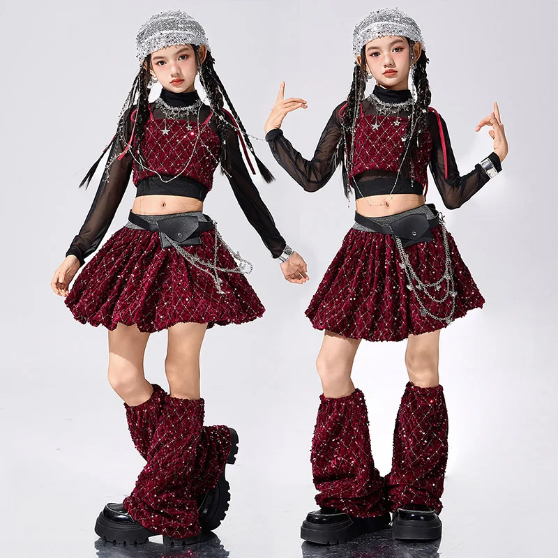 

Новый наряд для джазовых танцев для девочек, красный костюм для сценических танцев Kpop, юбка, модная одежда для подиума, детская блестящая уличная одежда 3013