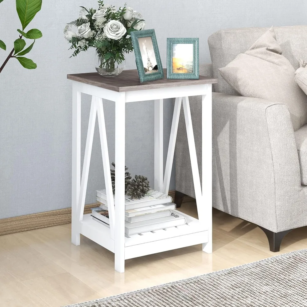 

Farmhouse Square End Table, Accent Side Table with Slats Design, Sofa Side Nightstand Table with Sturdy Frame for Living Room Be